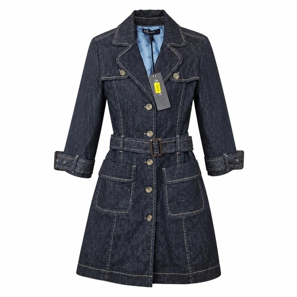 Anne Klein AK Jeans Denim Trench Coat Dress Womens M Blue 3/4 Slv Belted Western